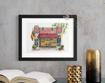 Bruges Belgian Waffle Bistro Watercolor – Salt Lake City Café Print – Cozy Storefront Art – Kitchen Wall Decor – Streets of Salt Lake