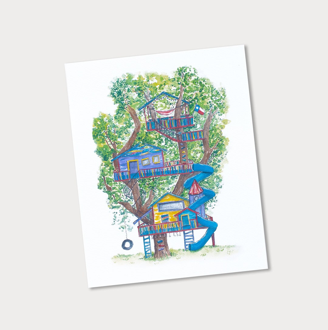 Treehouse Print Treehouse Print | Watercolor Kids Fort | Kids Clubhouse | Whimsical ...