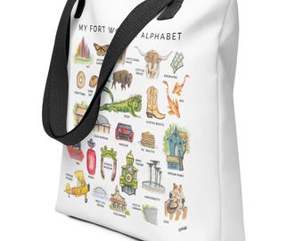 Borsa tote Fort Worth Texas ABCs, stampa acquerello, luogo di interesse/lista dei desideri per bambini, borsa da biblioteca leggera per bambini/ragazze, Stockyards, museo, arte, TCU