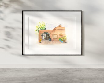 Southwest Cantina Watercolor – Adobe Restaurant Storefront – Santa Fe Style Wall Art – Southwestern Decor – Giclee Prints