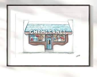 Denton Texas Art Print, Gnome Cones, Denton Square Art, Watercolor Painting, Snowcone Decor, Playful Kitchen Art, Summer Kitchen Prints