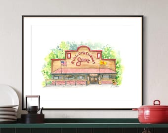 Western Saloon Watercolor Print – Rustic Bar Wall Art – Old West Storefront Illustration – Cabin Decor – Bull O’ the Woods Red River Art