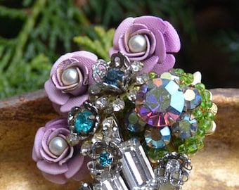 Stanley Hagler Brooch: Signed, Pink Rose Garden, Multi-Stone Gold Plated Vintage, SALE!