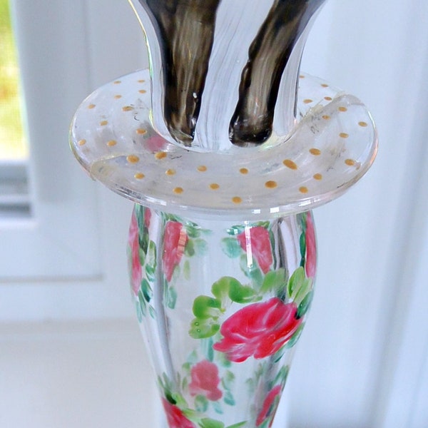 SALE! Hand Painted Candleholder - Glass, Pink Roses, Green/Gold Base, Black/White Top- Vintage - Rare, Fabulous!