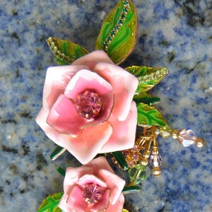 Lunch at the Ritz Brooch/Pendant - UNUSED - Signed, 3D Pink Roses/Green Leaves, Great Gift - Vintage - Retired, Very Rare, Fabulous!