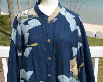 SALE! Citron Silk Blouse /Tunic - UNUSED - Santa Monica, Blues/Beige, Asian Theme, Size IX, Great Gift - Vintage - Rare, Fabulous!