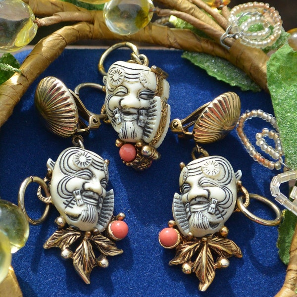 Sale! Selro Noh Set, Earrings/2 Sided Pendant - Signed, White Noh/Warrior Mask, Peach Cabochons, Great Gift - Vintage - Rare, Fabulous!