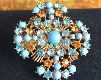 SALE! Srarburst Jeweled Brooch - Turquoise Cabochons, Glam Multi Color Crystals, Great Gift - Vintage - Rare, Fabulous!