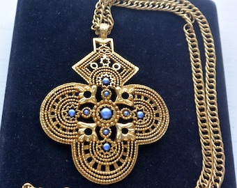 SALE! KJL Byzantine Pendant/Necklace - Signed, Cross Medallion, Blue Cabochons, Great Gift - Vintage - Rare, Fabulous!