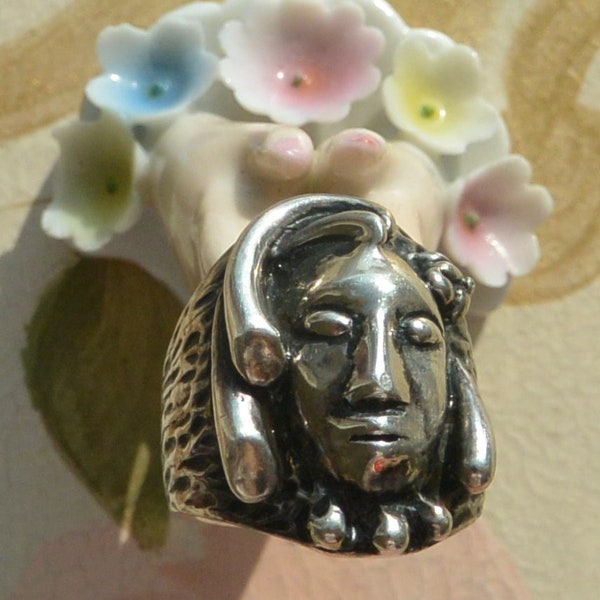 SALE! Face Sterling Silver Ring - Hallmarked 925, Exotic Face, US Size 5, Handcrafted, Great Gift - Vintage - Rare, Fabulous!