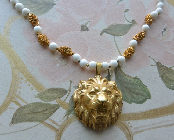 Miriam Haskell Necklace: Gold Lion Head, White Mi… - image 4