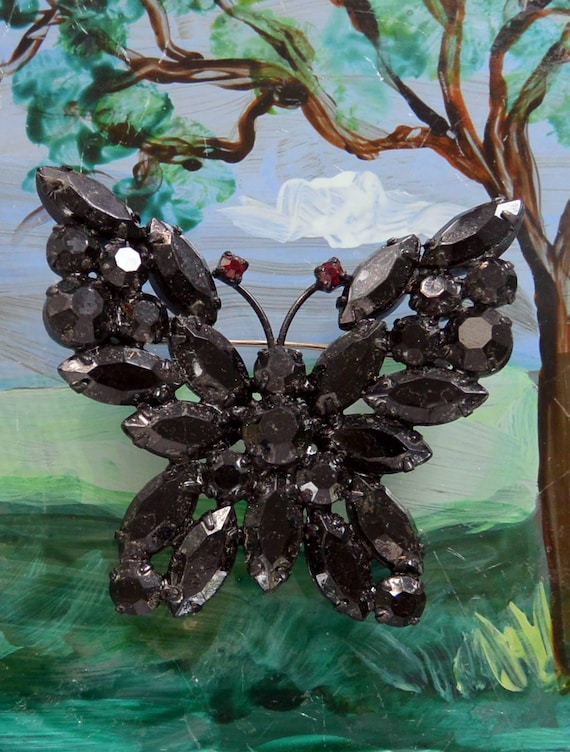Albert Weiss Butterfly Brooch: Signed, Jet Black & Red Crystal, Vintage, SALE!