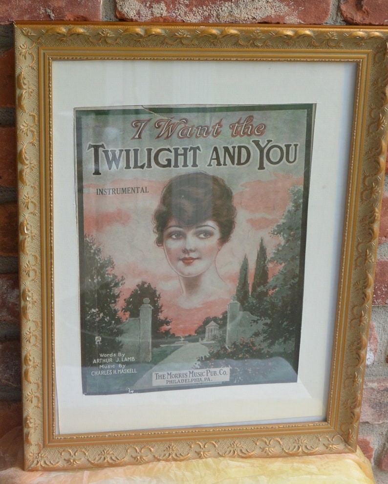 SALE Music Sheet, Framed I Want the Twilight and You, Gold Wood Frame, Great Gift Antique Fabulous image 2