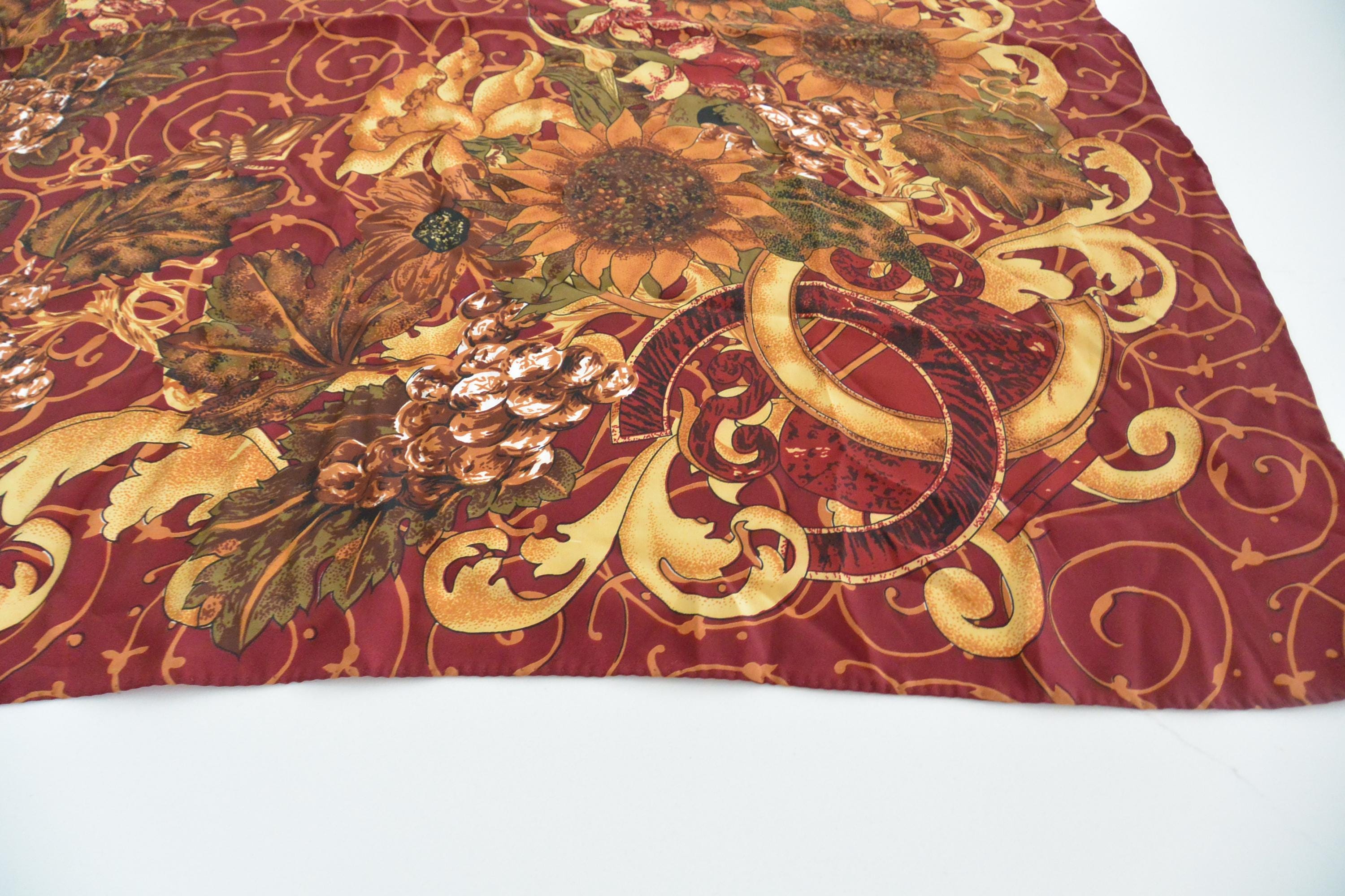 Chanel Paris Scarf- Hallmarked, Sunflowers/scrolls, Silk, 34x34