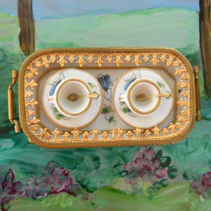 SALE! Limoges Tea Cups, Spoons/Tray- Signed, Hand Painted,  France, Articulated, Small, Great Gift - Vintage - Very Rare, Fabulous!