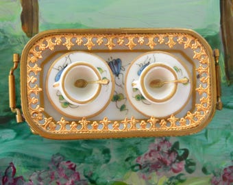 VENTE ! Tasses à thé de Limoges, cuillères/plateau - signées, peintes à la main, France, articulées, petites, excellentes cadeaux - vintage - très rare, fabuleux !