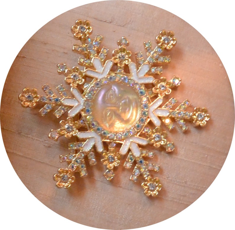 SALE Kirks Folly Brooch/Pendant UNUSED Signed, Golden Moon, Snowflake, Swarovski Crystals, Great Gift Vintage Rare, Fabulous image 1