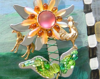 Liztech 3D Sunflower Brooch: UNUSED, Signed, West End Fair, Hand