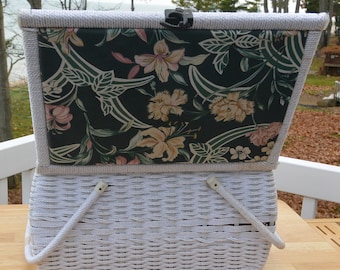 SALE! Craft/Storage Basket - White Wicker, Fabric Top, Lined Interior, Two Handles - Vintage -Rare, Fabulous!