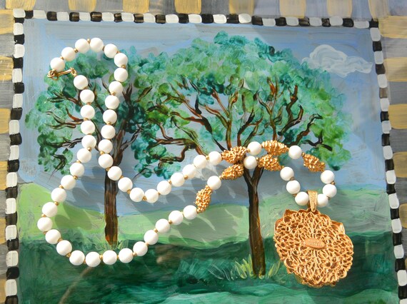 Miriam Haskell Necklace: Gold Lion Head, White Mi… - image 3