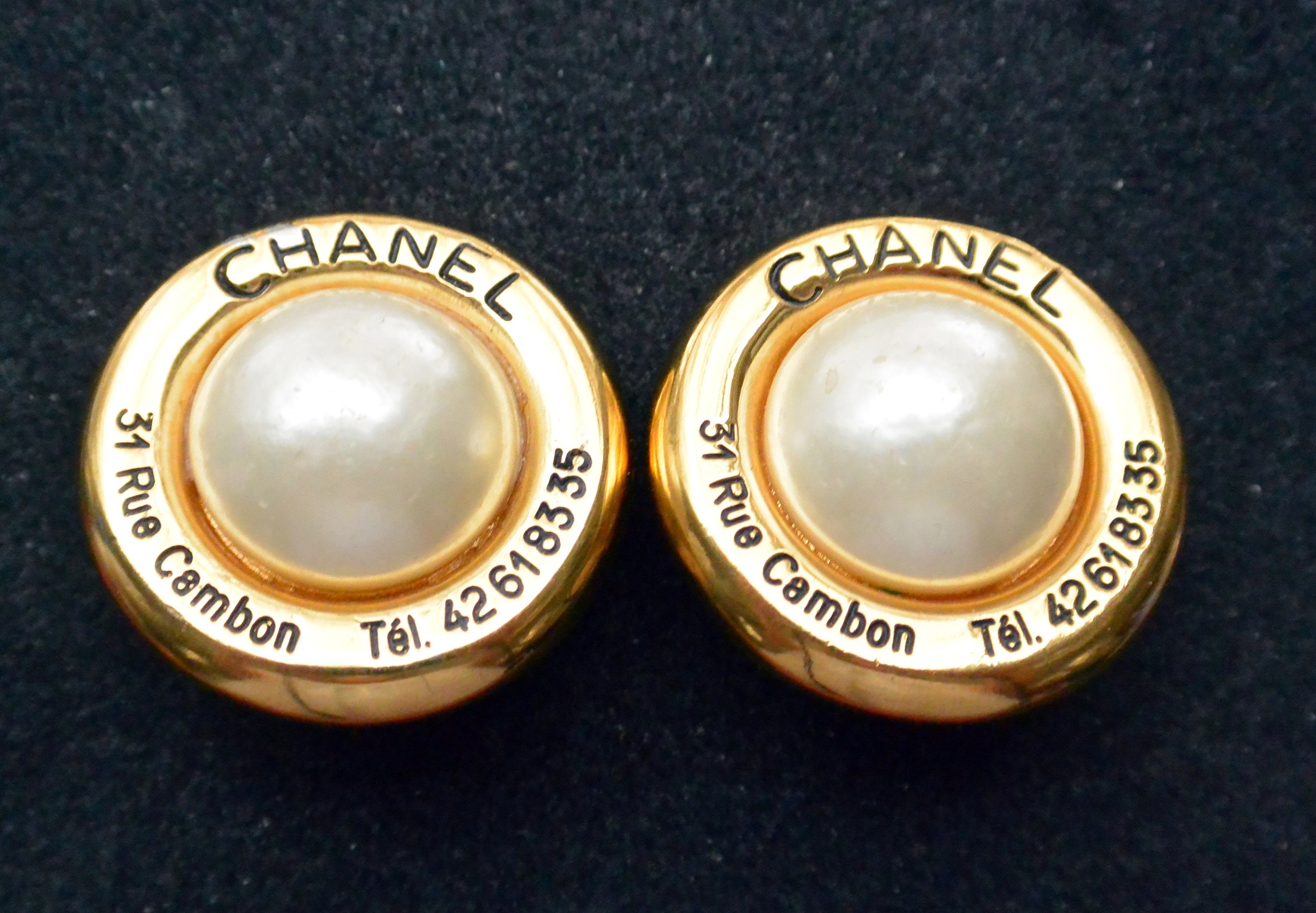 Chanel Vintage Gold Pearl Rue Telephone Number Large Button Earrings