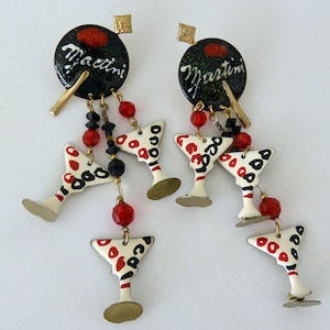 Lunch at the Ritz Earrings - Signed,  Martini Glasses/Olives, Colorful,  Pierced, Great Gift -  Vintage - Retired, Fabulous!