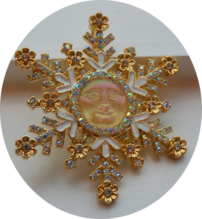 SALE Kirks Folly Brooch/Pendant UNUSED Signed, Golden Moon, Snowflake, Swarovski Crystals, Great Gift Vintage Rare, Fabulous image 3