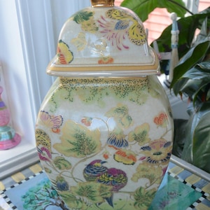 Bombay Ginger Jar:  Birds/Butterflies/Flowers, Gold Knob Lid, Vintage, SALE!