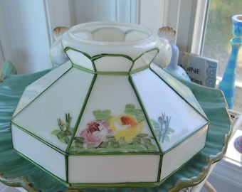 Lamp Shade-  Hand Painted, Glass,  Multi Color Roses/Greenery, Vintage, SALE!