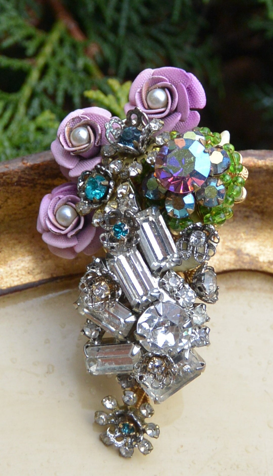 Stanley Hagler Brooch: Signed, Pink Rose Garden, Multi-stone Gold