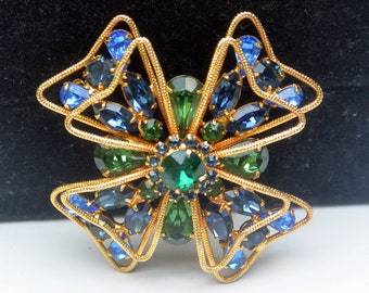 SALE! Napier Brooch/Pendent - Signed, 3-D, Sparkling Blue/Green Stones, Prong Set, Great Gift - Vintage - Very Rare, Fabulous!