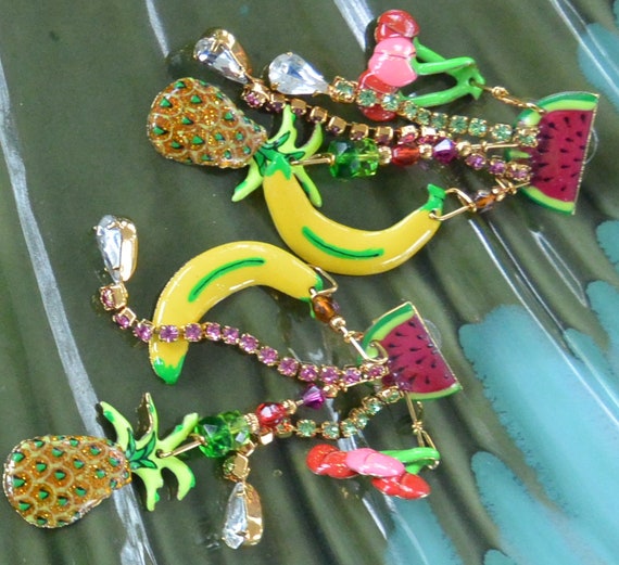 Lunch at the Ritz Earrings UNUSED Signed Multi Fruits Glam