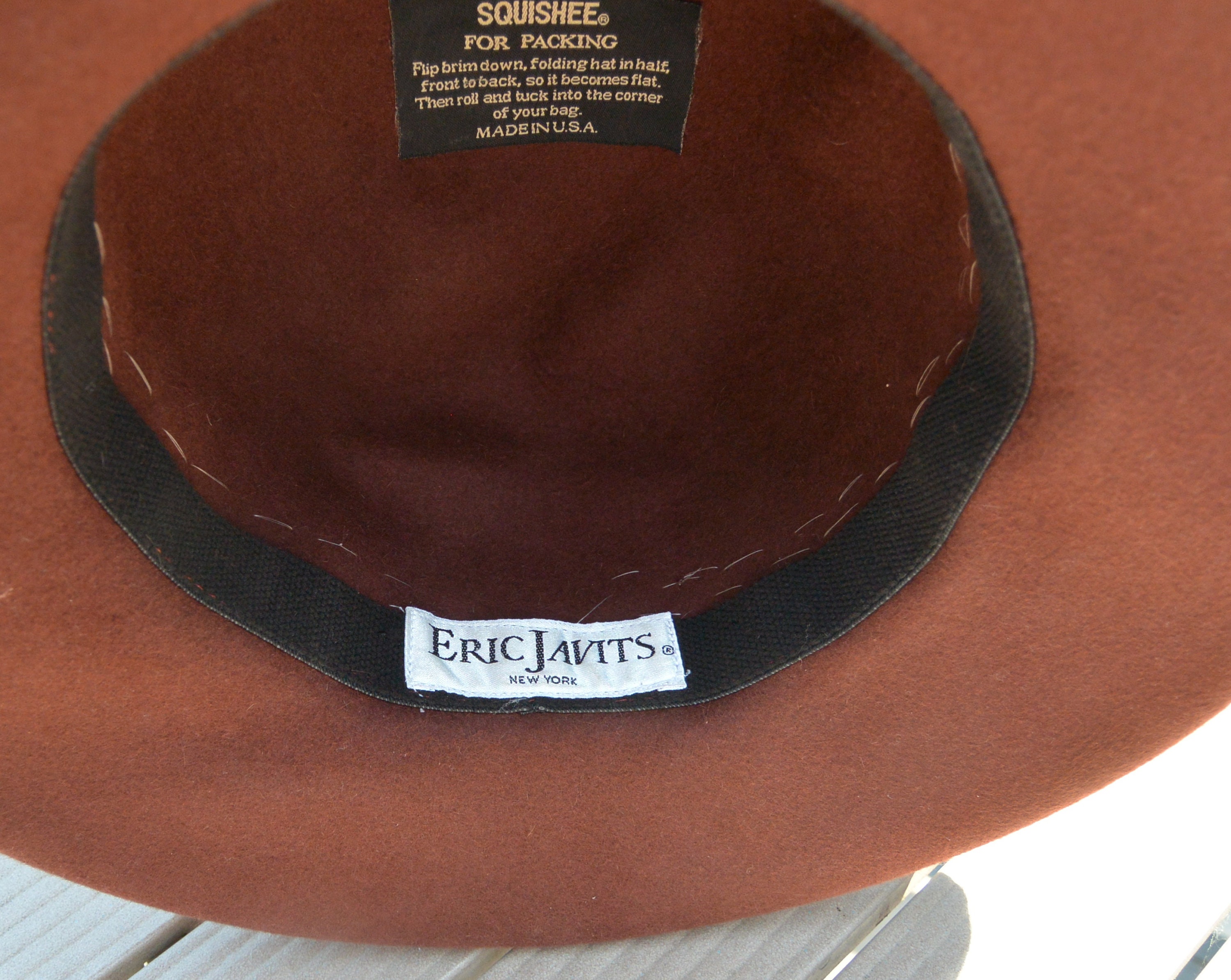 Vintage Eric Javits wool black hat with brown satin bowtie Eric Javits Brown Wool Hat With White Hatband, Label  main image 3