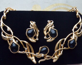 Jose Barrera Halsband/Klipsörhängen, Granada -OANVÄNDA - Signerade, Svart & Guld, Original Halsbandsask, Vintage, REA!