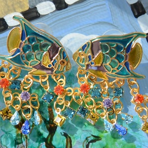Lunch at the Ritz Tropical Fish Earrings: UNUSED - Signed, Multi Color Swarovski's, 24K Gold Plated, Pierced, Vintage, SALE!