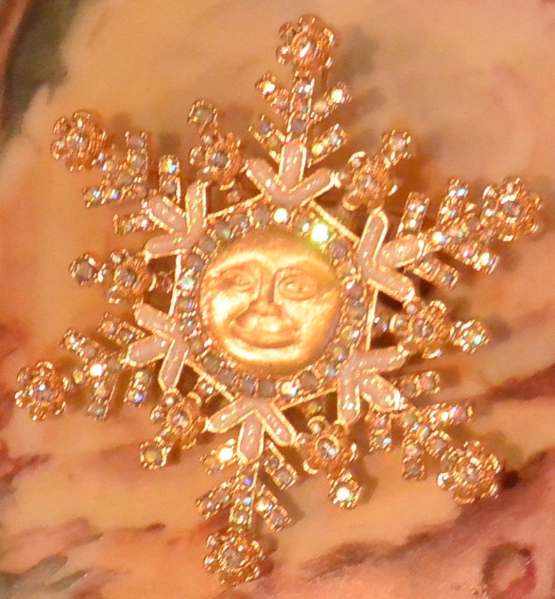 SALE Kirks Folly Brooch/Pendant UNUSED Signed, Golden Moon, Snowflake, Swarovski Crystals, Great Gift Vintage Rare, Fabulous image 6