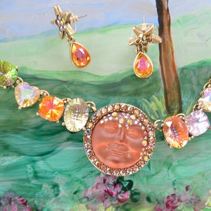 SALE! Kirks Folly Seaview Necklace/Earrings - UNUSED- Signed, Orange Moon, Multi Color/Shape Cabs, Great Gift- Vintage - Rare,  Fabulous!