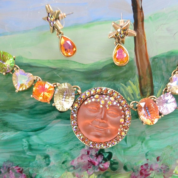 SALE! Kirks Folly Seaview Necklace/Earrings - UNUSED- Signed, Orange Moon, Multi Color/Shape Cabs, Great Gift- Vintage - Rare,  Fabulous!