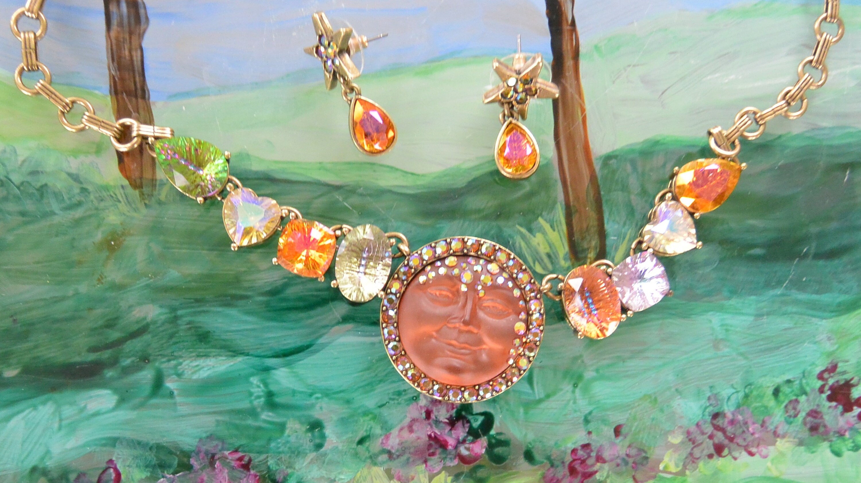 Kirks Folly Seaview Moon Necklace & Earrings Set: UNUSED, Orange