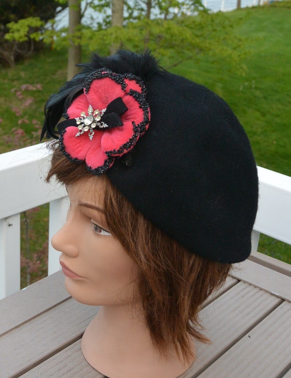 Bollman Wool Hat: Black Flower, Rhinestones, Ostrich  display picture 1