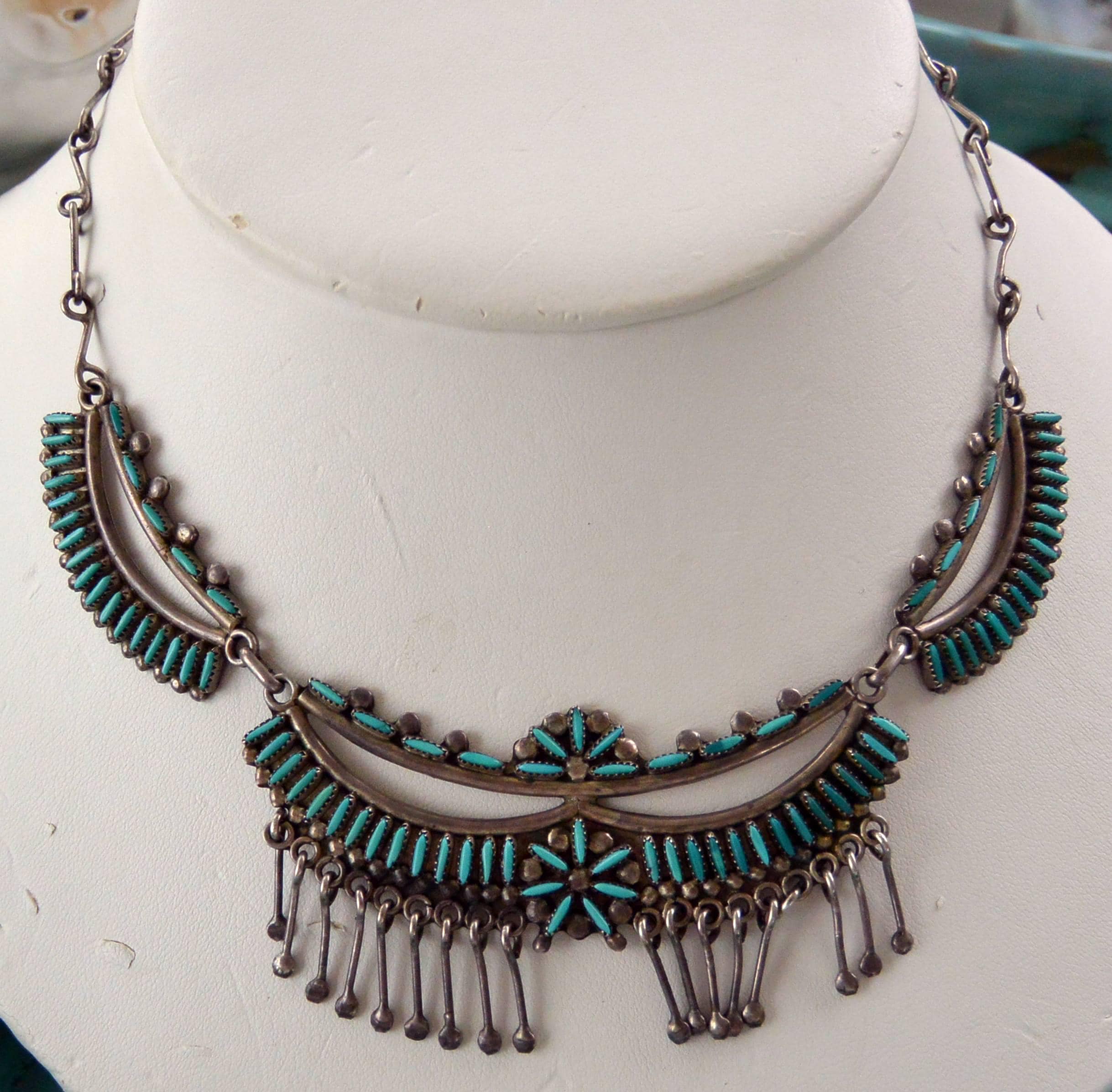 Zuni Turquoise Needlepoint Necklace: Signed Bowekaty, Sterling