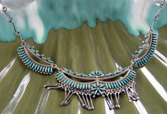 Zuni Turquoise Needlepoint Necklace: Signed Bowekaty, Sterling