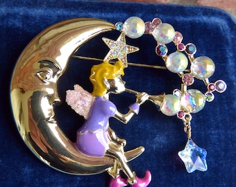 SALE! Kirks Folly Brooch -UNUSED- Signed, Prince Pipedream Fairy/Horn, Crescent Moon, Crystal, Great Gift - Vintage - Rare, Fabulous!