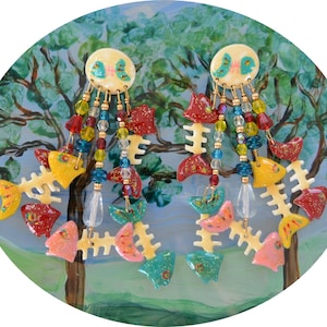 Lunch at the Ritz Earrings - UNUSED - Hand Signed, Colorful Fish Bones, Pierced, 3.5 Inches, Great Gift  - Vintage - Very Rare, Fabulous!