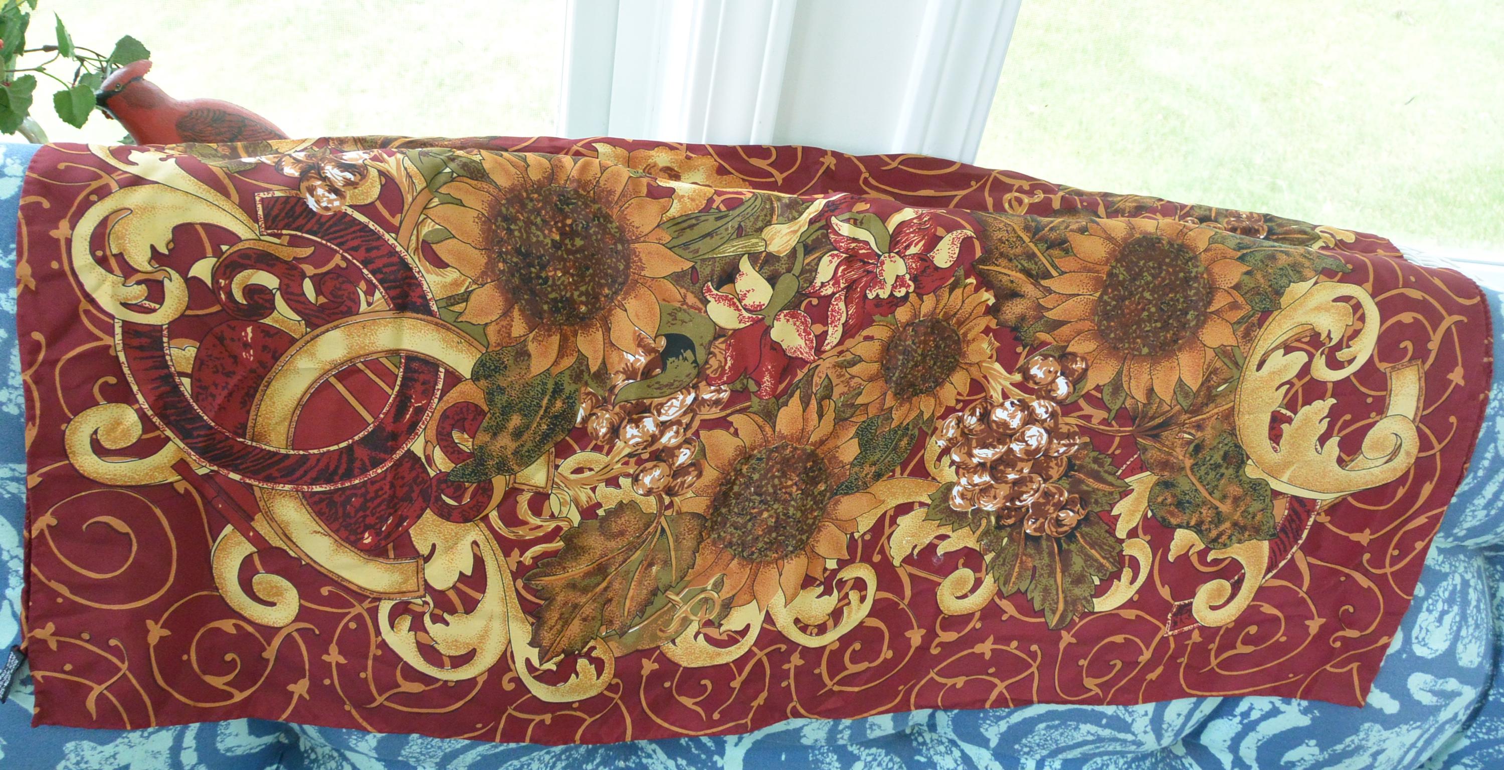 Chanel Paris Scarf- Hallmarked, Sunflowers/scrolls, Silk, 34x34