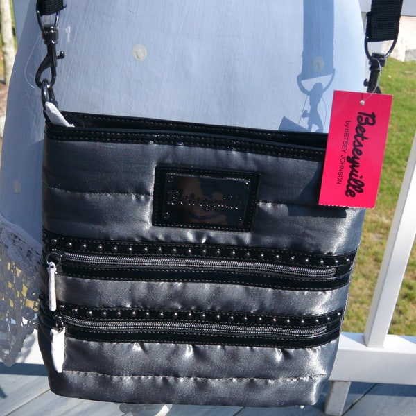 SALE! Betseyville Crossbody Bag - UNUSED - Betsey Johnson, Pewter Fabric/Black Leather, Orig Tags, Great Gift - Vintage - Rare, Fabulous!