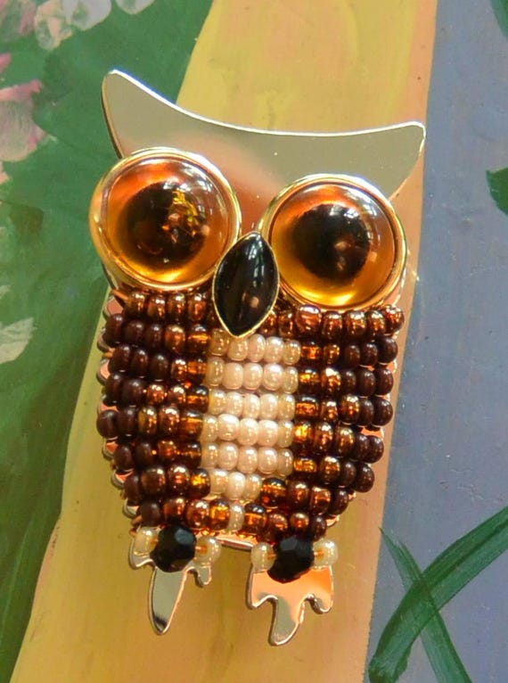 Liztech Owl Brooch: UNUSED - Signed, Vintage Glass, Hand Crafted US, Retired, SALE!