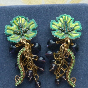 Boucles d&#39;oreilles Lunch at the Ritz - Signées, raisins rouges/feuilles de vigne vertes, amateurs de vin, clip, excellent cadeau - vintage - rare, fabuleux !