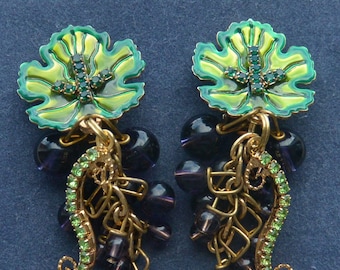Lunch at the Ritz Earrings - Signed, Red Grapes/Green Grape Leaves - Wine Lovers, Clip, Great Gift -Vintage - Rare, Fabulous!