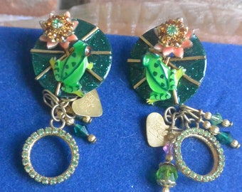 Lunch at the Ritz Earrings - Signed, Frogs/Lily Pads, Pierced, Great Gift -Vintage - Rare, Fabulous!